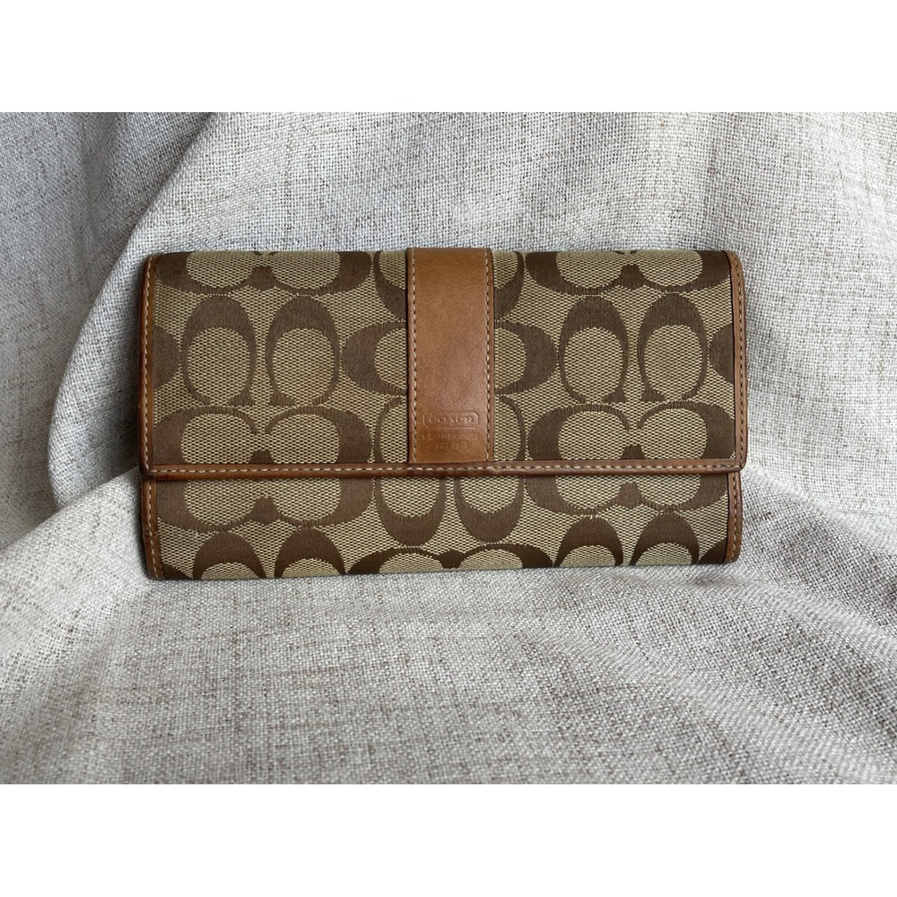 Coach Signature Monogram Jacquard Tri-Fold Wallet Tan Leather Trim Brown